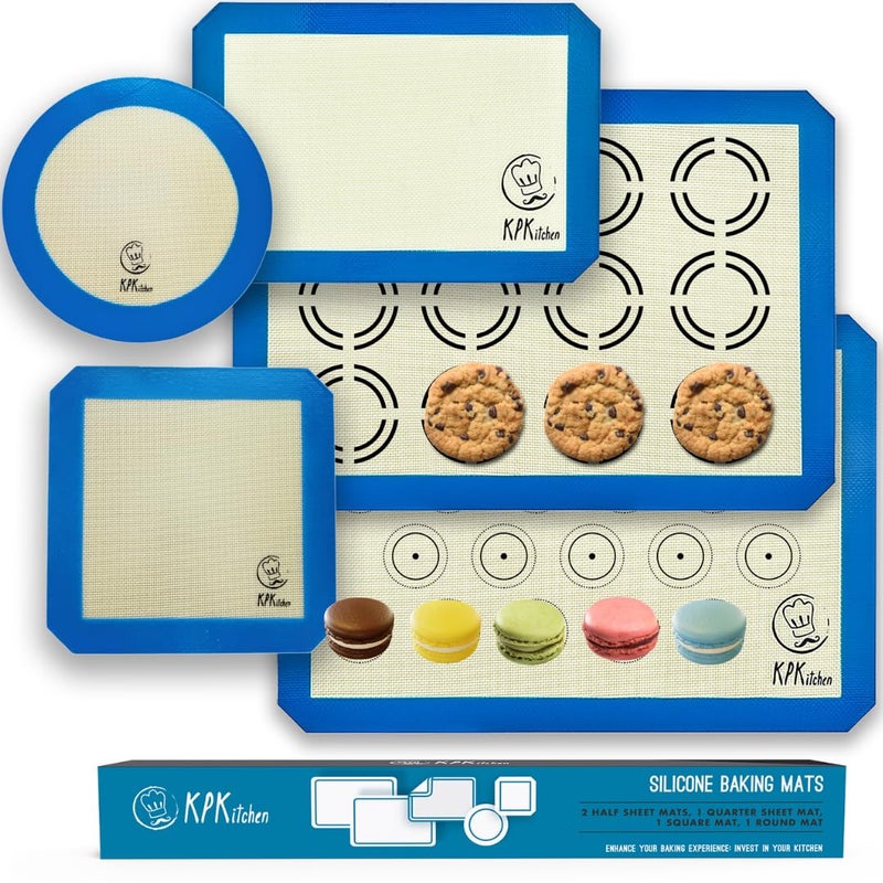 KPKitchen Silicone Baking Mat Set of 5-2 Half Sheets (Macaron & Cookie Circle On Mat) + 1 Quarter + 1 Round & 1 Square Size Silicone Baking Sheet - Nonstick & Easy to Clean - 100% Silicone Mats for Baking - Image 1
